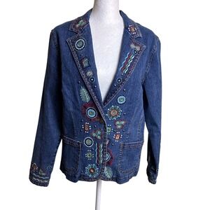 Ruby Rd Women's Jacket Jean Denim Size 10 Blue Embroidery‎ Pockets Button